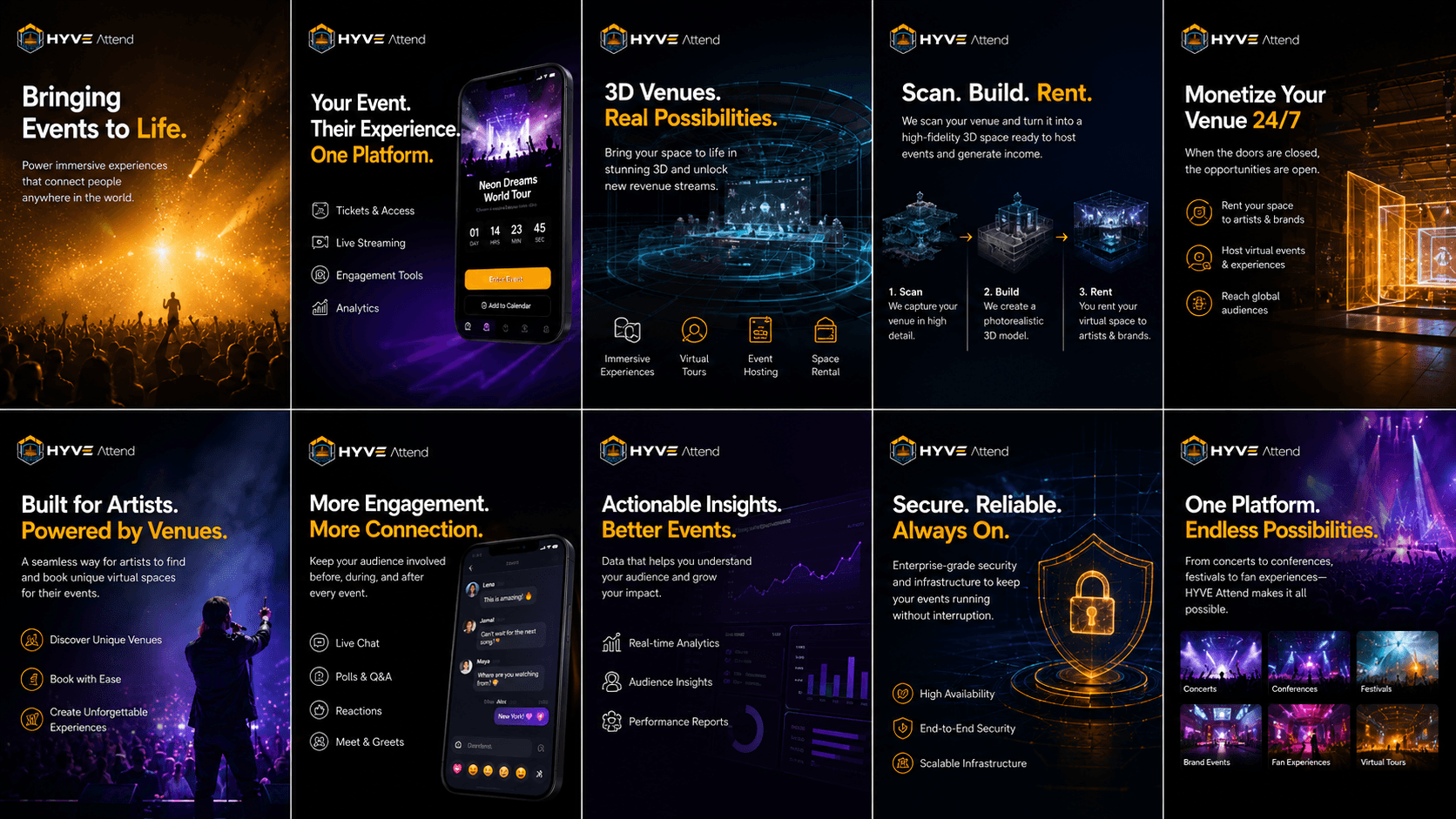 HYVE Attend — bringing events to life, virtual venues, real possibilities, scan-build-rent, monetise your venue 24/7, more engagement, actionable insights, secure and reliable